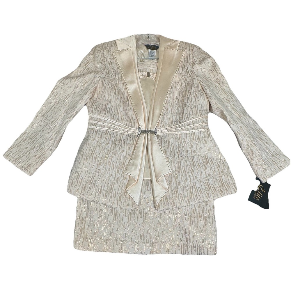 Elite Champagne Skirt Suit Womens 14 Beige/Gold 3 Piece Embellished Church, MOB,